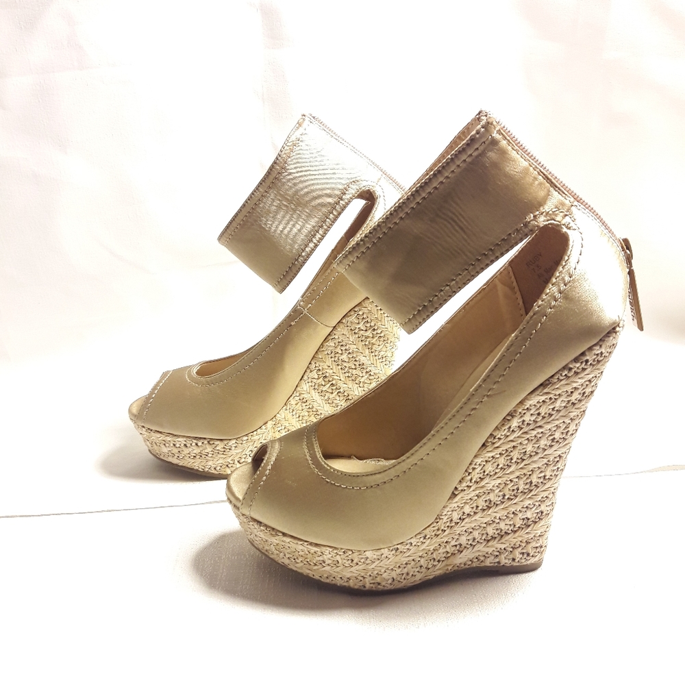 SHIEKH LADIES 7.5"WEDGE HEEL TAN SATIN US WOMAN'S